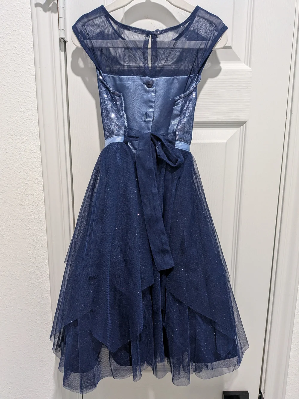 Jona Michelle Navy Sequin Tulle Dress with Light Blue Bow